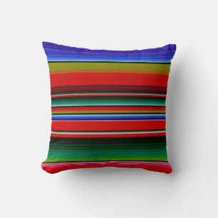 Mexican Blanket Stripes Colourful Blue Red Spanish Cushion