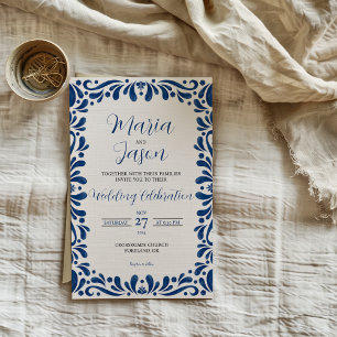 Mexican Blue Floral Classic Aesthetic Boda Wedding Invitation