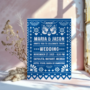 Mexican Blue Papel Picado Fiesta Folk Art Wedding Invitation