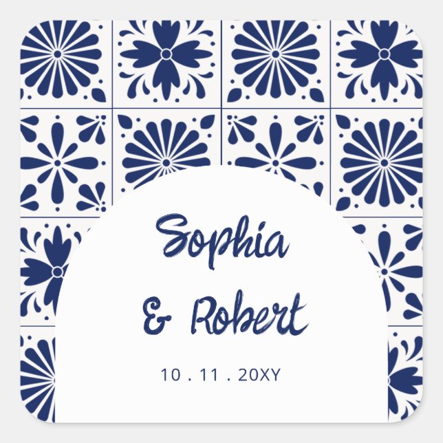 Mexican Blue Talavera Tiles Wedding Square Sticker (Front)