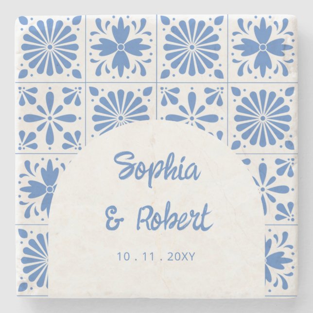 Mexican Blue Talavera Tiles Wedding Stone Coaster (Front)
