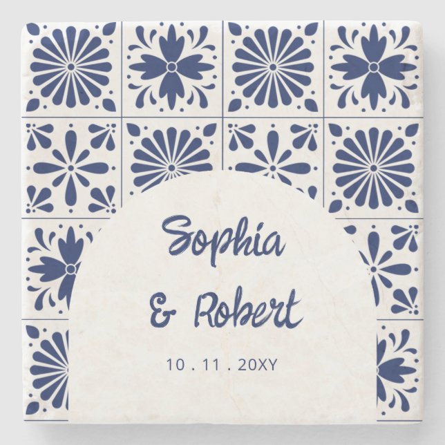 Mexican Blue Talavera Tiles Wedding Stone Coaster (Front)