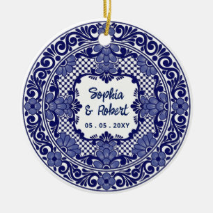Mexican Blue Talavera Wedding Ceramic Ornament