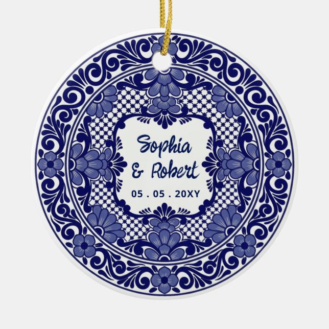 Mexican Blue Talavera Wedding Ceramic Ornament (Front)