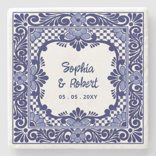 Mexican Blue Talavera Wedding Stone Coaster (Front)