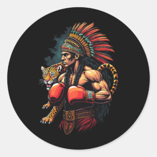 Mexican Boxing Inca Warrior With Jaguar Spirit Classic Round Sticker