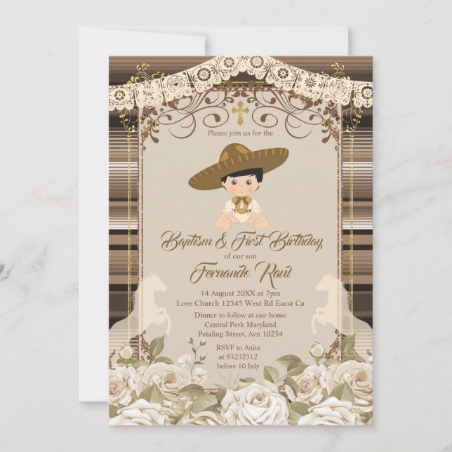 Mexican Brown Fiesta Boy Baptism and Birthday  Invitation (Front)