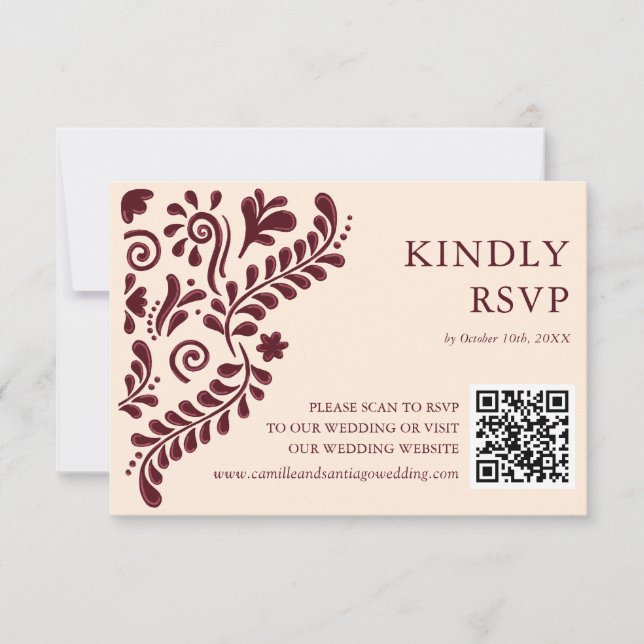 Mexican Burgundy Wedding QR Code RSVP Card (Front)