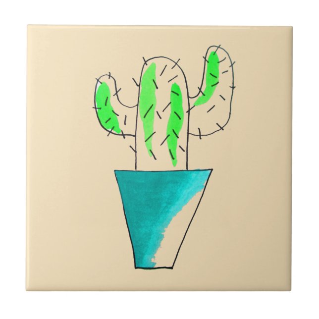 Mexican cactus cute saguaro art ceramic tile (Front)