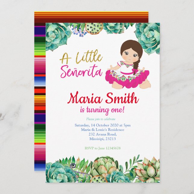 Mexican Cactus Fiesta 1st Birthday Girl Invitation (Front/Back)