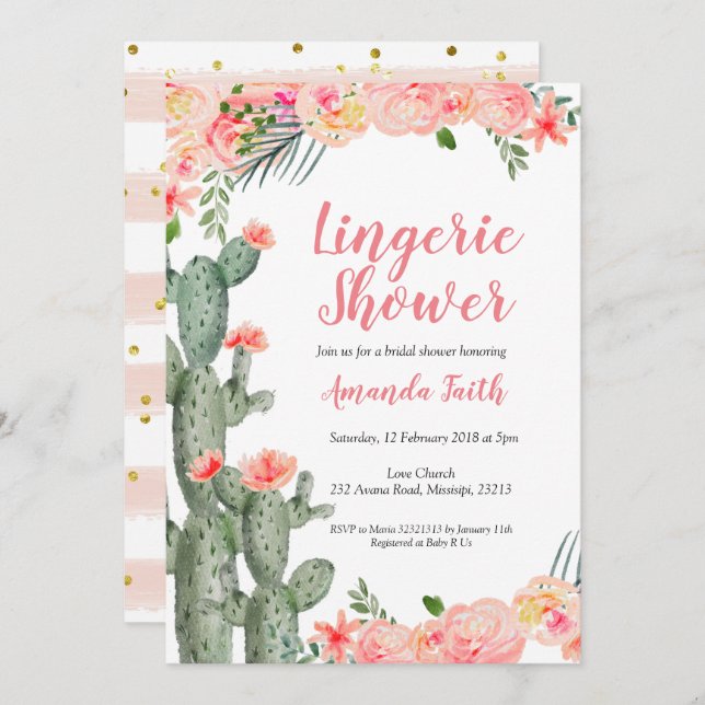 Mexican Cactus Floral Lingerie Shower Invitation (Front/Back)