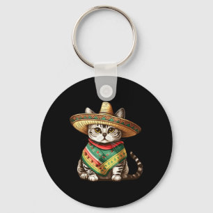Mexican Cat Wearing Sombrero Hat And Poncho Cinco Key Ring