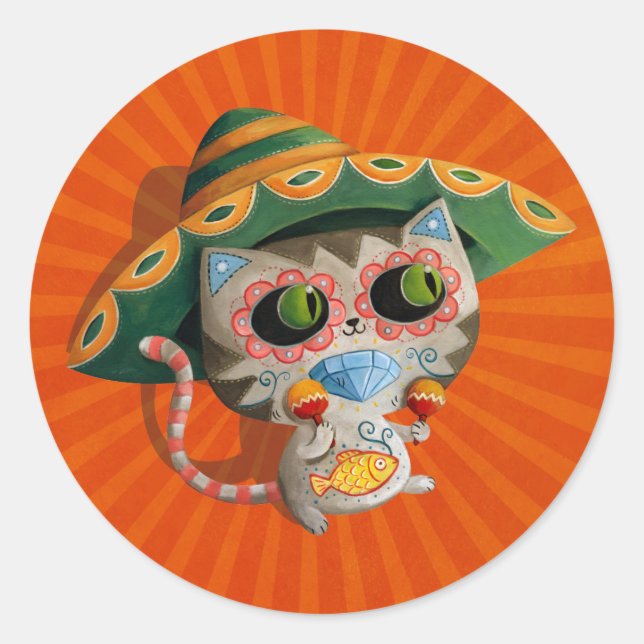 Mexican Cat with Sombrero Classic Round Sticker (Front)