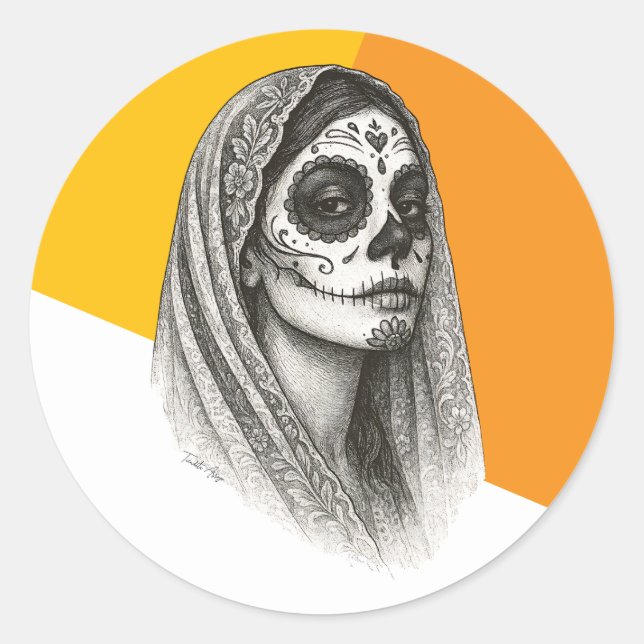 Mexican Catrina with Roses and Veil Dia de muertos Classic Round Sticker (Front)