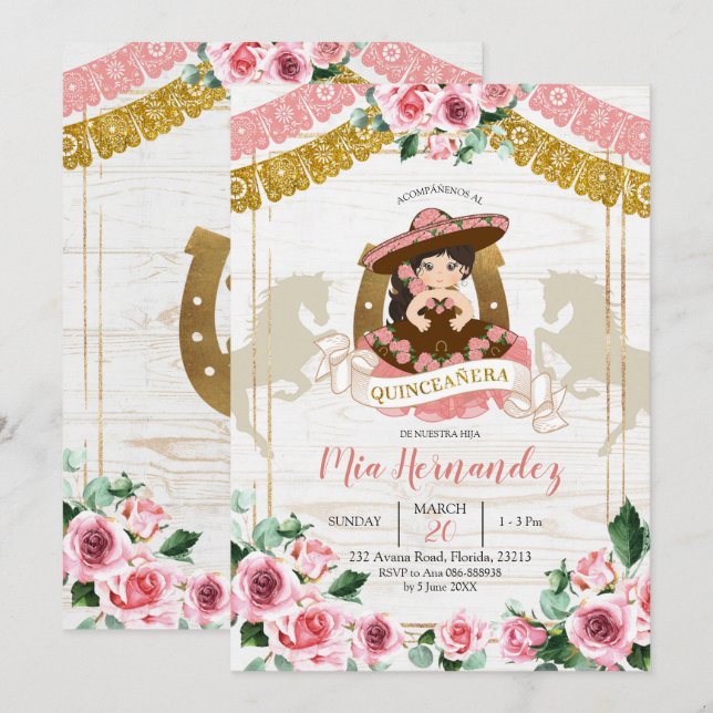 Mexican Charra Pink Rose Quinceanera Western Invitation (Front/Back)