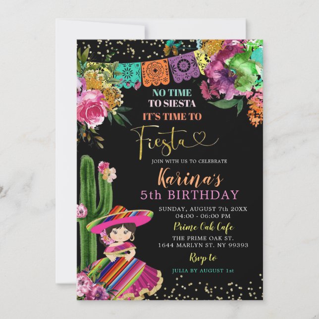 Mexican Colourful Fiesta Floral 5th Birthday Party Invitation (Front)