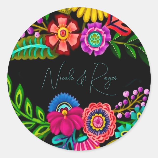 Mexican Colourful Flora Wedding Classic Round Sticker (Front)