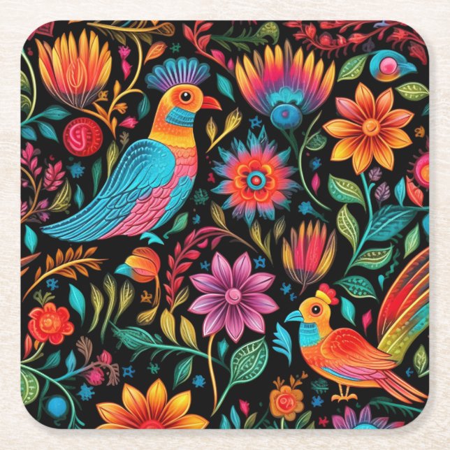 Mexican colourful floral pattern square paper coaster (Front)