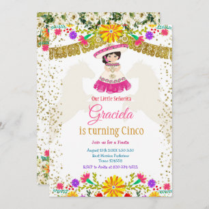 Mexican Colourful Flowers with Gold Glitter  Invitation