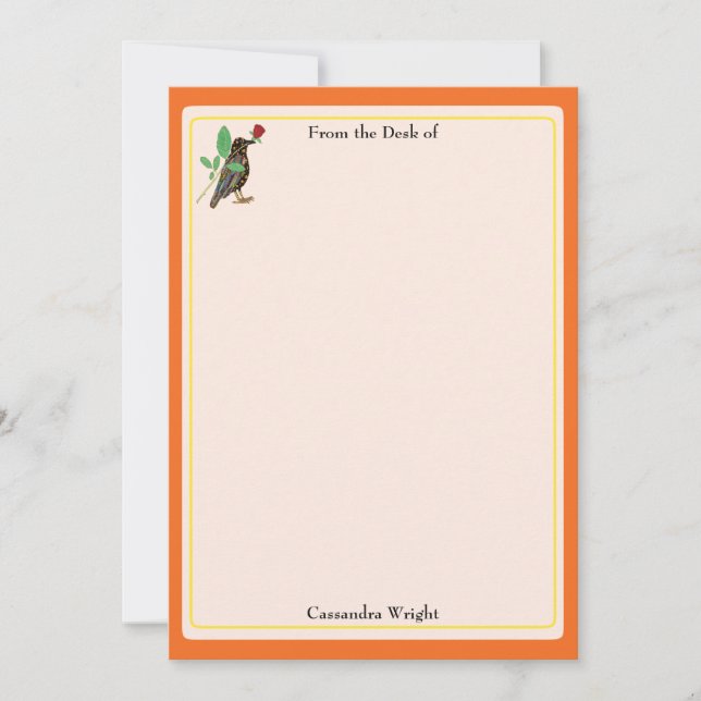 Mexican Crow & Rose Orange Personalised Stationery Note Card (Front)