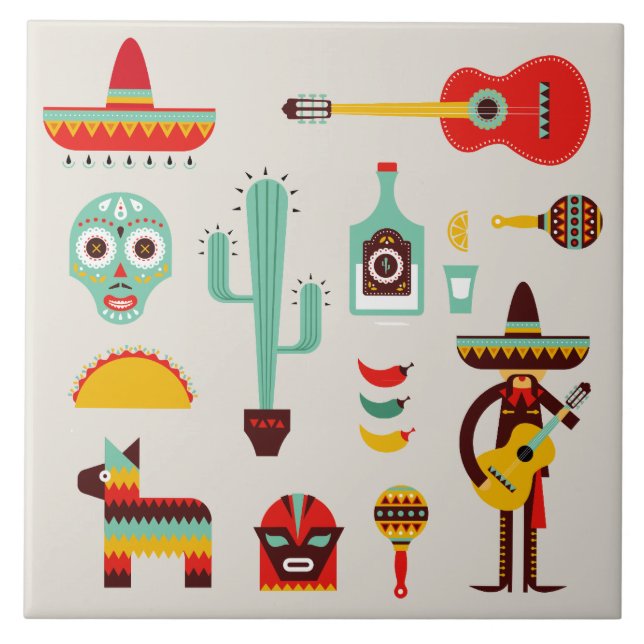 Mexican culture illustations ceramic tile (Front)