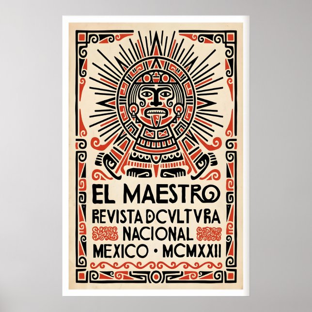 Mexican Culture Poster Stylised Aztec Face - Red (Front)