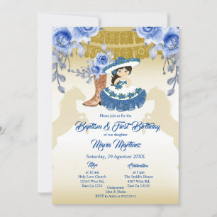Mexican Cute Girl Baptism and Birthday Blue Flower Invitation