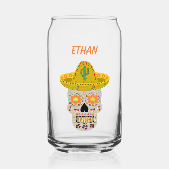 Mexican Day of the Dead Skull Custom Can Glass (Front)