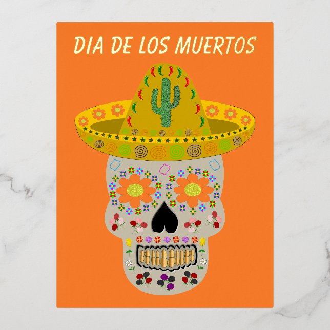 Mexican Day of the Dead Skull Custom Foil Holiday Postcard (Front)