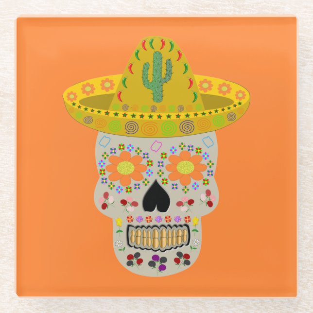 Mexican Day of the Dead Skull  Glass Coaster (Front)