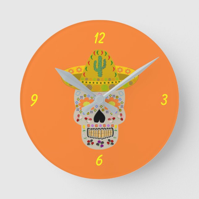 Mexican Day of the Dead Skull  Round Clock (Front)
