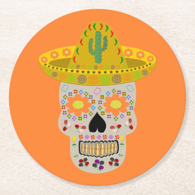 Mexican Day of the Dead Skull Round Paper Coaster (Front)