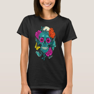 Mexican Day Of The Dead Sugar Skull Purple Flowers T-Shirt