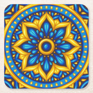 Mexican Design of Blue and Yellow   Square Paper Coaster