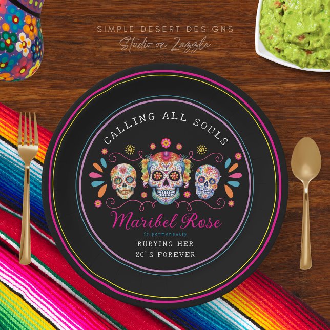 Mexican Dia de los Muertos Sugar Skull Birthday Paper Plate (Custom black calavera dia de los muertos birthday party day of the dead mexican fiesta paper plates)