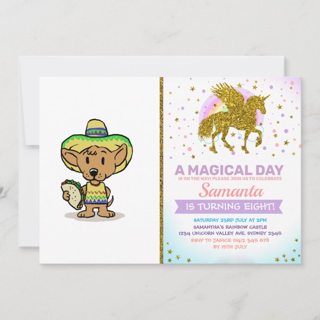 Mexican dog holding a taco | choose back colour invitation (Front)