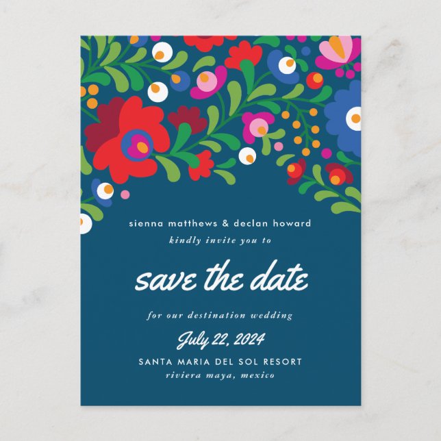 Mexican Embroidery Blue Save the Date Postcard (Front)