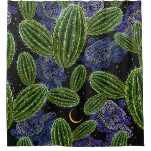 Mexican Embroidery: Cactus Night Seamless. Shower Curtain