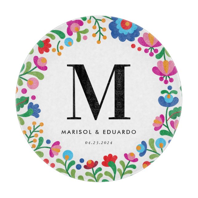 Mexican Embroidery Colourful Monogrammed Wedding Cutting Board (Front)