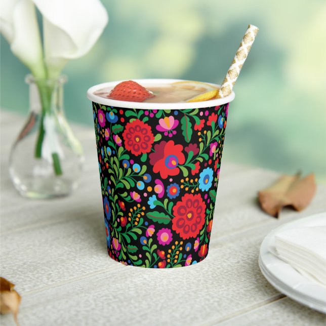 Mexican Embroidery Colourful Pattern on Black Paper Cups (Insitu)