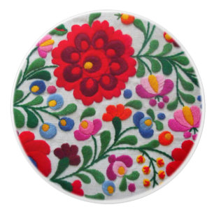 Mexican Embroidery Floral Red Bold Colours Coco Ceramic Knob