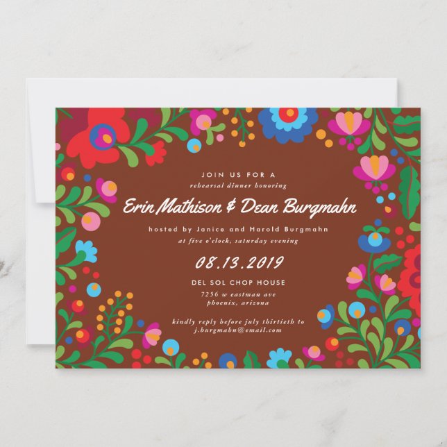 Mexican Embroidery Red Clay Rehearsal Dinner Invitation (Front)