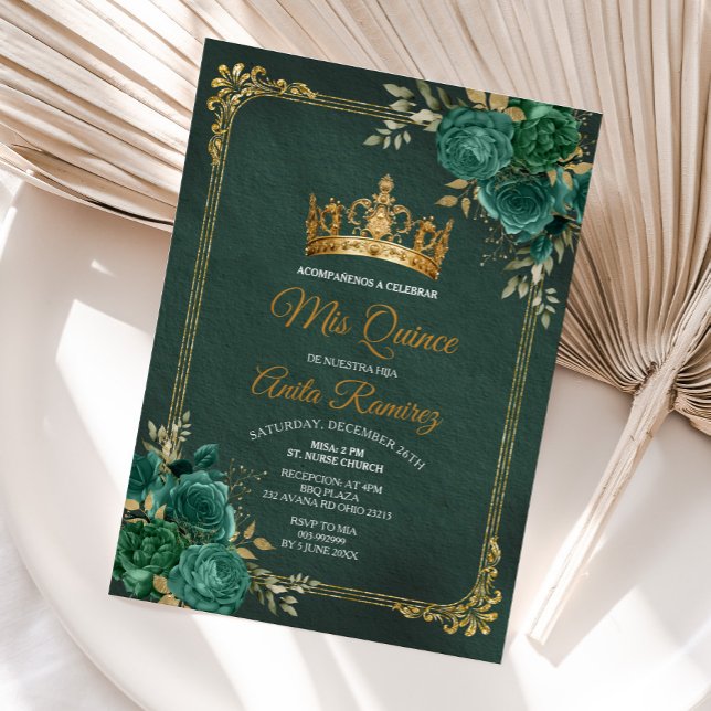 Mexican Emerald Green Floral & Gold Mis Quince Invitation (Creator Uploaded)