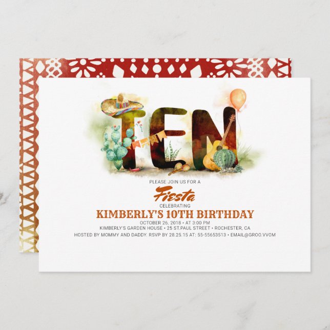 Mexican Fiesta 10th Birthday Party Invitation (Front/Back)
