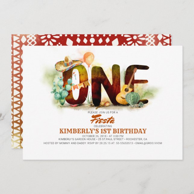 Mexican Fiesta 1st Birthday Party Invitation (Front/Back)