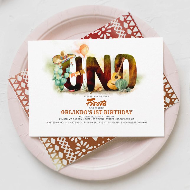 Mexican Fiesta 1st Birthday Party UNO Invitation (Uno - Mexican Themed Fun Cute First Birthday Invitations)