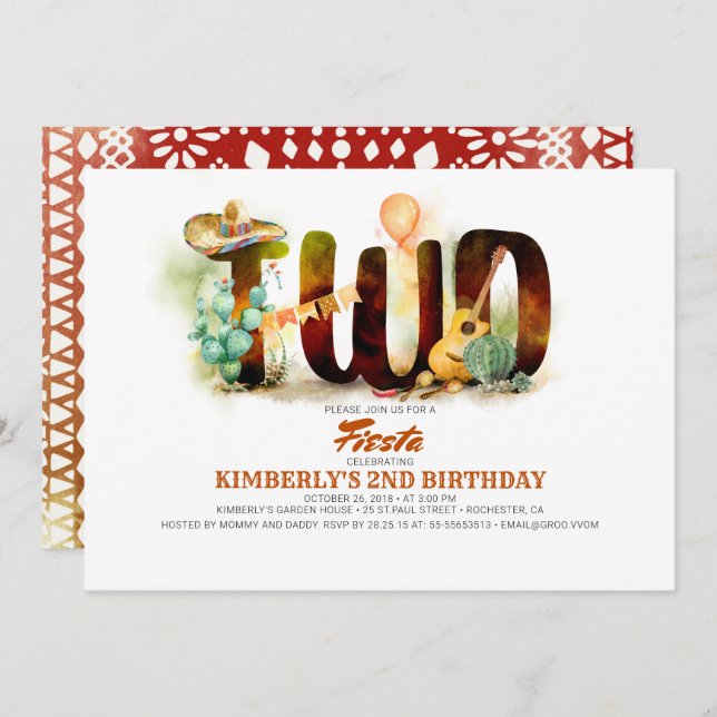 Mexican Fiesta 2nd Birthday Party Invitation (Front/Back)