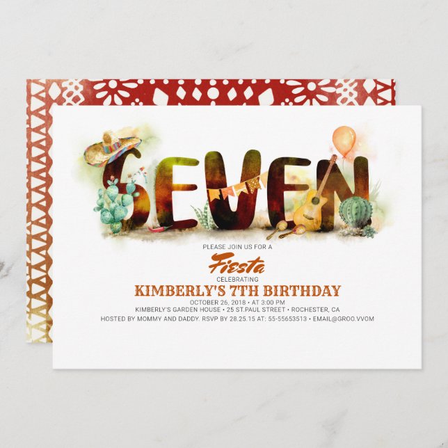Mexican Fiesta 7th Birthday Party Invitation (Front/Back)