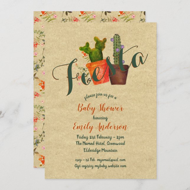 Mexican Fiesta Baby Shower Rustic Cacti Cactus Invitation (Front/Back)
