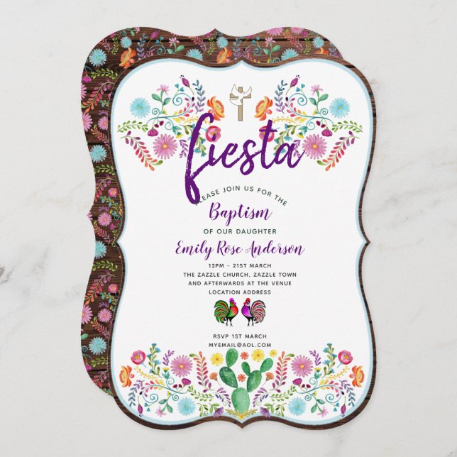 Mexican Fiesta Baptism Rustic Folk Flowers Invitation (Front/Back)